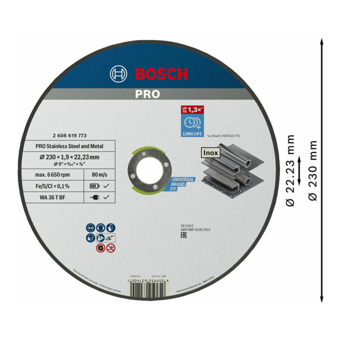 Disque à tronçonner Standard for Inox Bosch, diamètre 230 mm