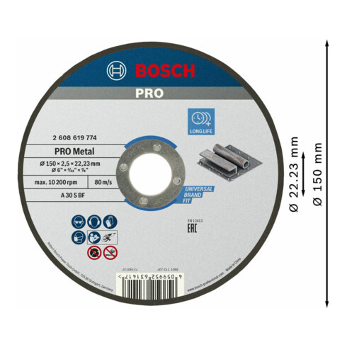 Disque à tronçonner Standard for Metal Bosch, diamètre 150 mm