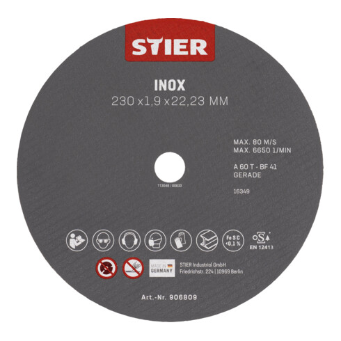 Disque à tronçonner STIER 230 x 1,9 x 22,23 droit, inox/acier inoxydable