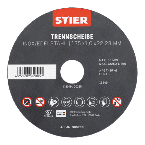 Disque à tronçonner STIER acier inoxydable, 5 pièces, 125 x 1,0 x 22,23 mm, forme 41