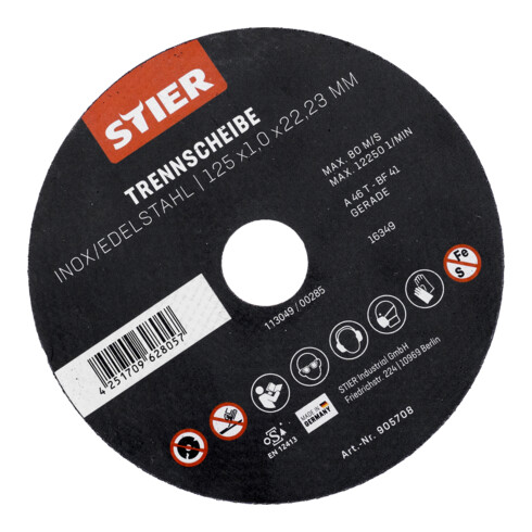 Disque à tronçonner STIER acier inoxydable, 5 pièces, 125 x 1,0 x 22,23 mm, forme 41