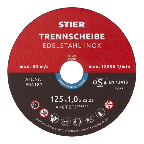 Disque à tronçonner STIER acier inoxydable, 5 pièces, 125 x 1,0 x 22,23 mm, forme 41