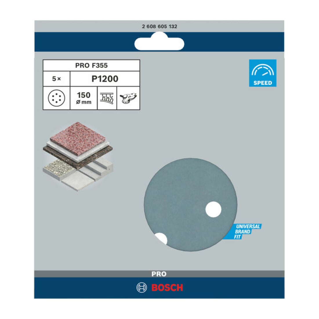 Feuille abrasive Bosch F355, 6 trous, velcro 6 mm 150 mm