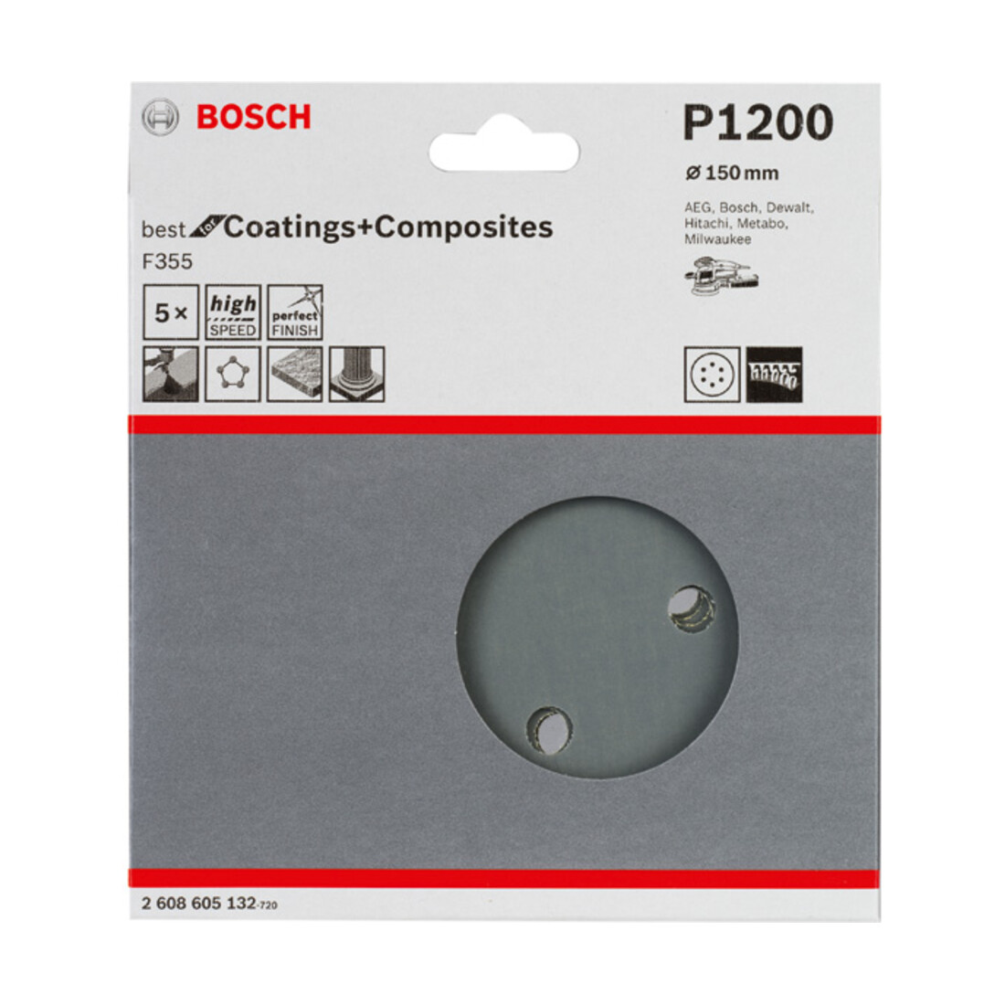 Feuille abrasive Bosch F355, 6 trous, velcro 6 mm 150 mm