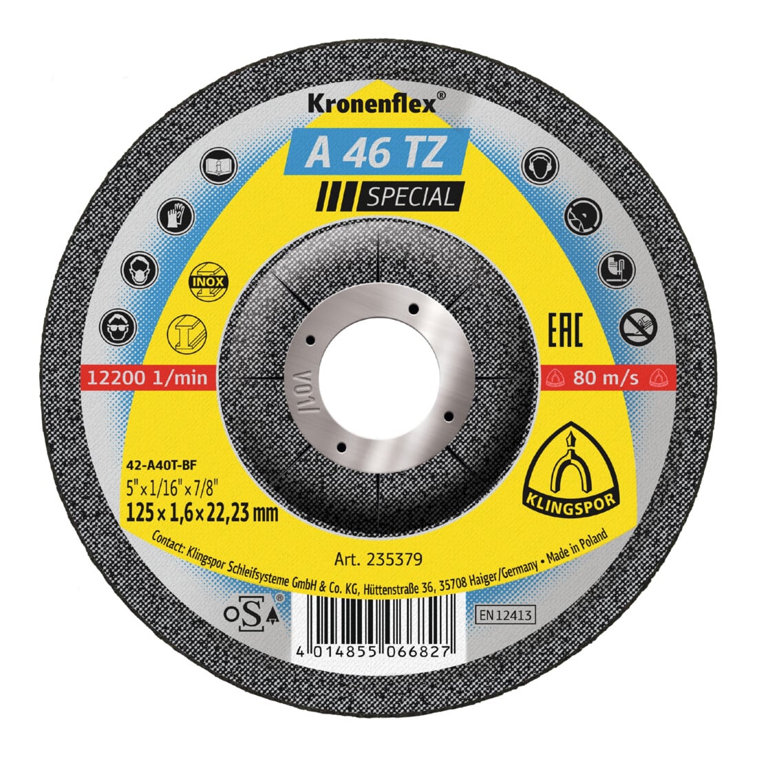 Disque de coupe Klingspor A 46 TZ125 x 1,6 x 22,23 mm coudé