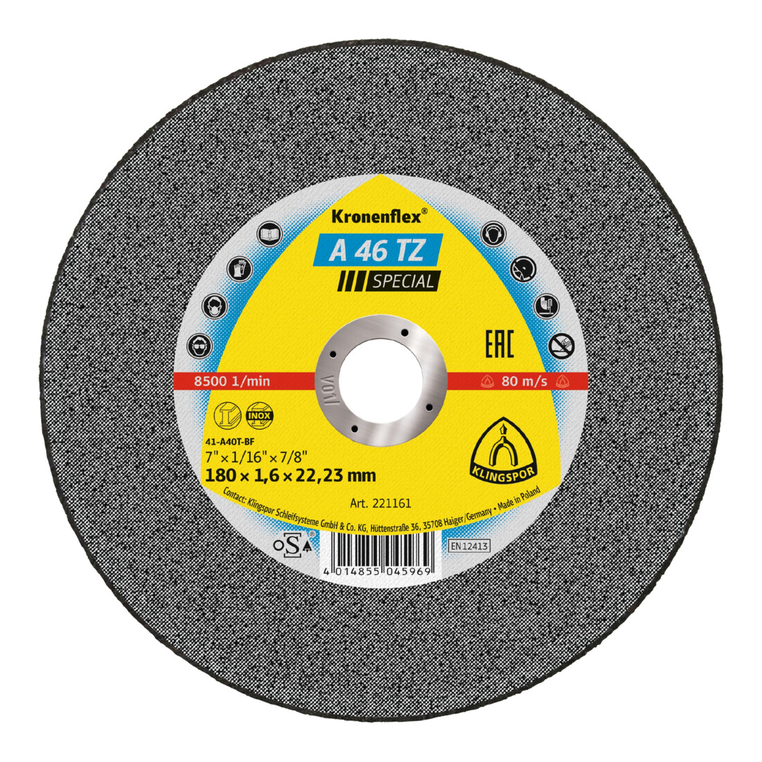 Disque de coupe Klingspor A 46 TZ180 x 1,6 x 22,23 mm plat