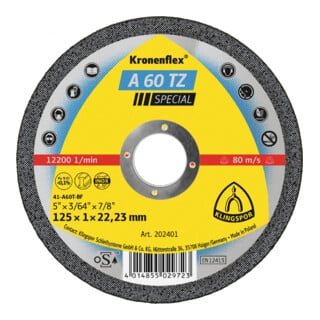 Disque de coupe Klingspor A 60 TZ125 x 1 x 22,23 mm plat