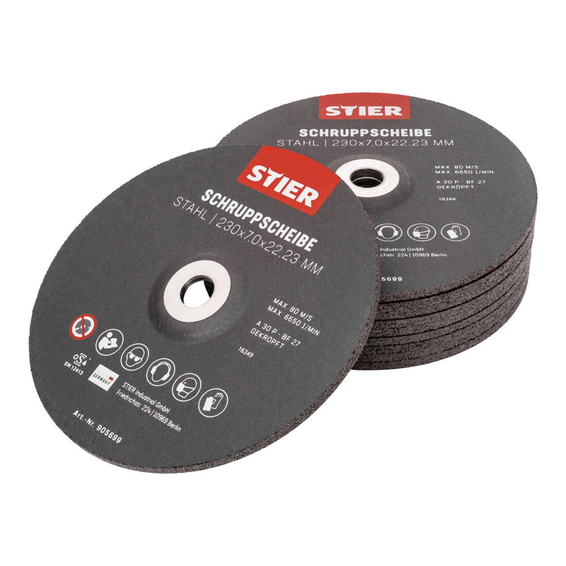 Disque d'ébarbage STIER, 230 x 7,0 x 22,23, forme 27 / 10 pièces