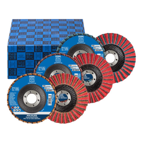 Disques à lamelles PFERD POLIVLIES Set PVZ Céramique Diamètre 115mm Alésage Diamètre 22,23 mmmm CO-COOL60/G,80/M,120/F