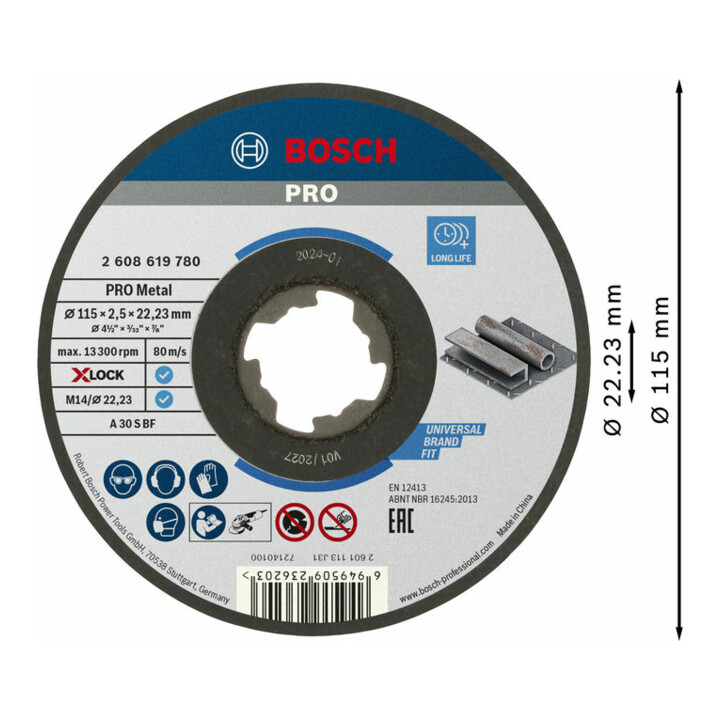 Disques à tronçonner droits Bosch, Standard for Metal X-Lock, diamètre 115 mm
