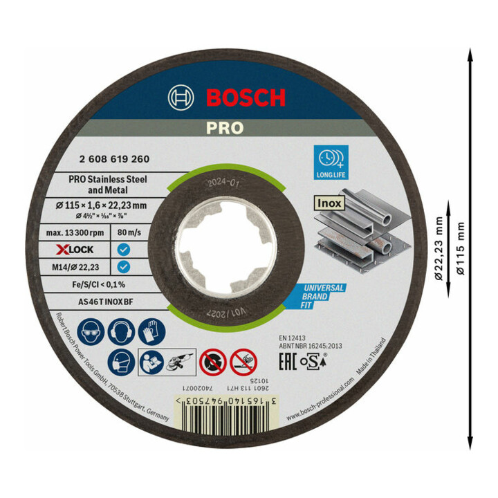 Disques à tronçonner droits X-LOCK Expert for Inox 115x1,6x22,23 mm AS 46 T INOX BF, 115 mm, 1,6 mm