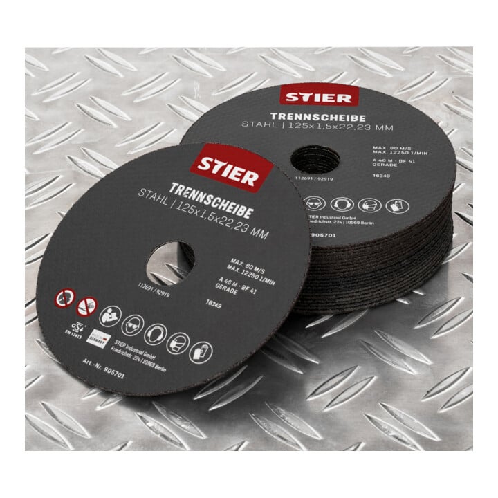 Disques à tronçonner STIER, acier, 125 x 1,5 x 22,23, forme 41, droits, 25 pièces