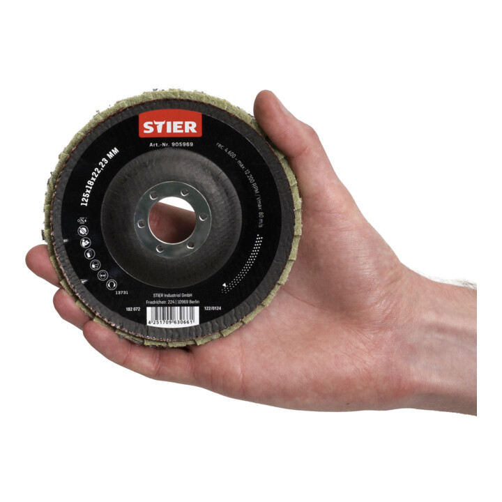 Disques abrasifs à lamelles en nylon STIER 125 x 18 x 22,23 mm, grain fin