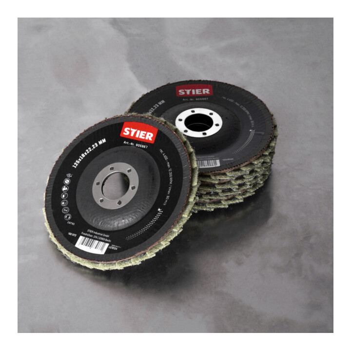 Disques abrasifs à lamelles en nylon STIER 125 x 18 x 22,23 mm, grain grossier, 5 pièces