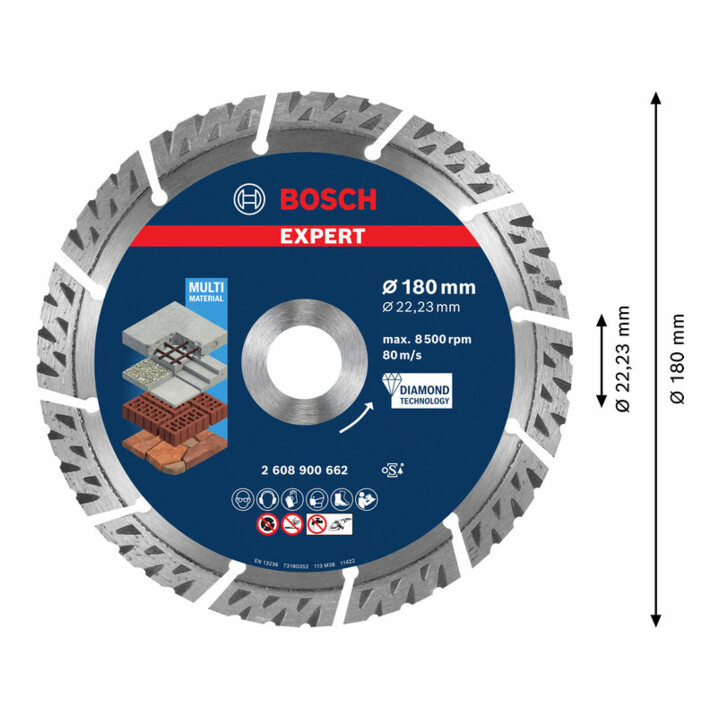 Disques de coupe diamantés Bosch Expert MultiMaterial, 180 x 22,23 x 2,4 x 12 mm