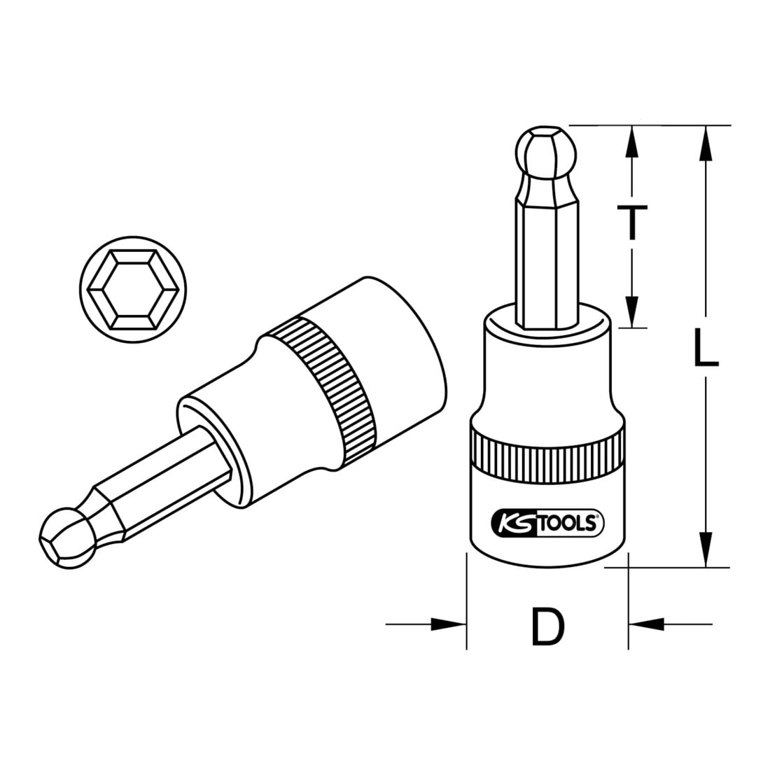 Douilles tournevis 6 pans intérieur à tête sphérique 1/4", 5 mm KS Tools