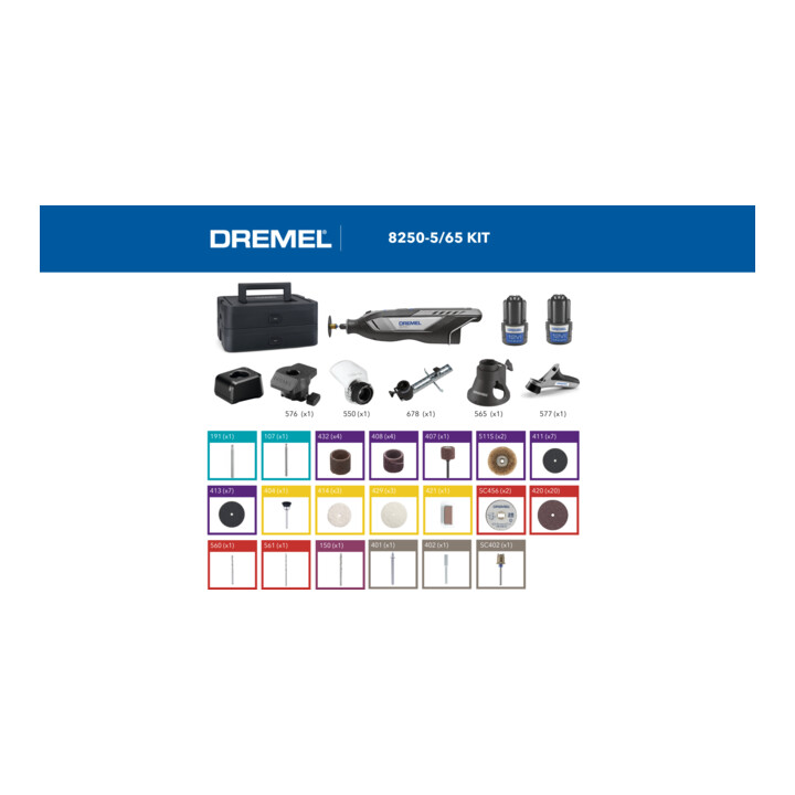 DREMEL® 8250, Kabelgebundenes Multifunktionswerkzeug, 65 Zubehöre, 5 Aufsätze