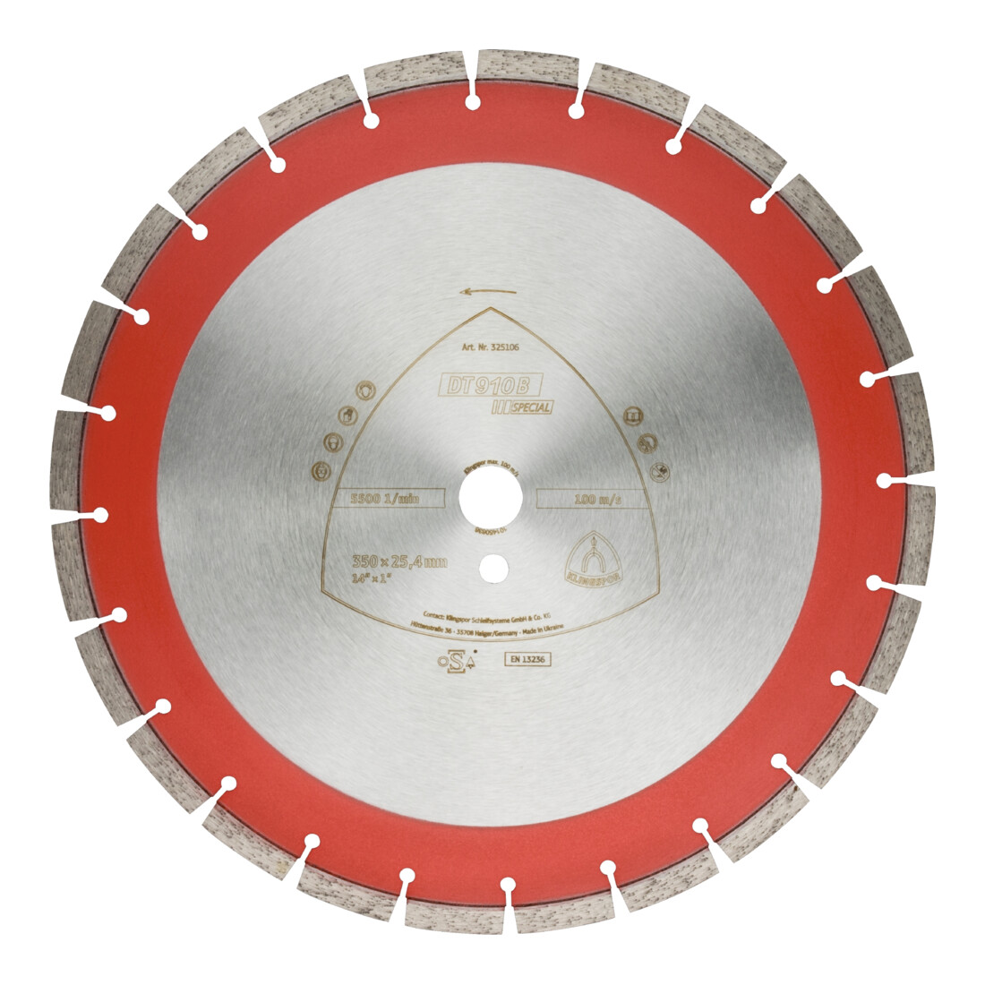 DT 910 B Disques à tronç. Diamanté Klingspor 350 x 3,2 x 25,4 mm 24 segments 40 x 3,2 x 11 mm, Segments rapprochés