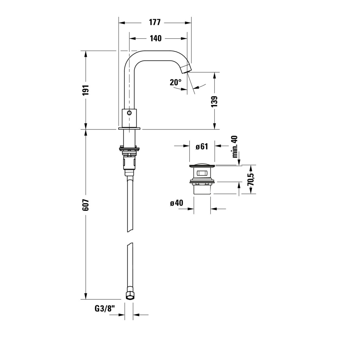 Duravit 3-Loch-Waschtischarmatur Circle Ausl. 140mm, o. Zugstg. Abl.garn, chrom