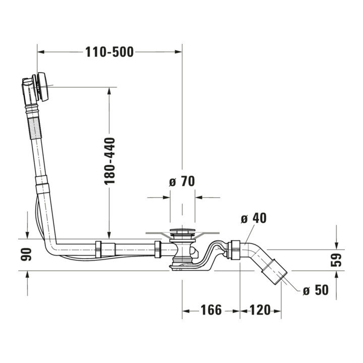 Duravit Ab-/Überlaufgarnitur Quadroval Bodenzuglänge 65cm, d= 5,2cm, chrom