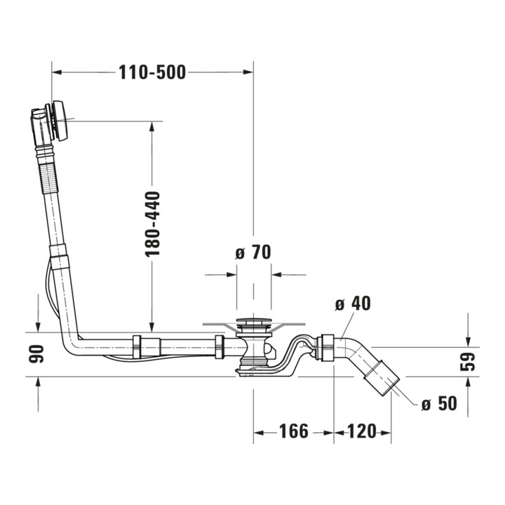 Duravit Ab-/Überlaufgarnitur Quadroval Bodenzuglänge 85cm, d= 5,2cm, chrom