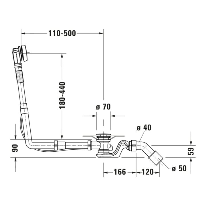 Duravit Ab-/Überlaufgarnitur Quadroval Zug 65cm, d 5,2cm, m flex Abl-Schl., chr