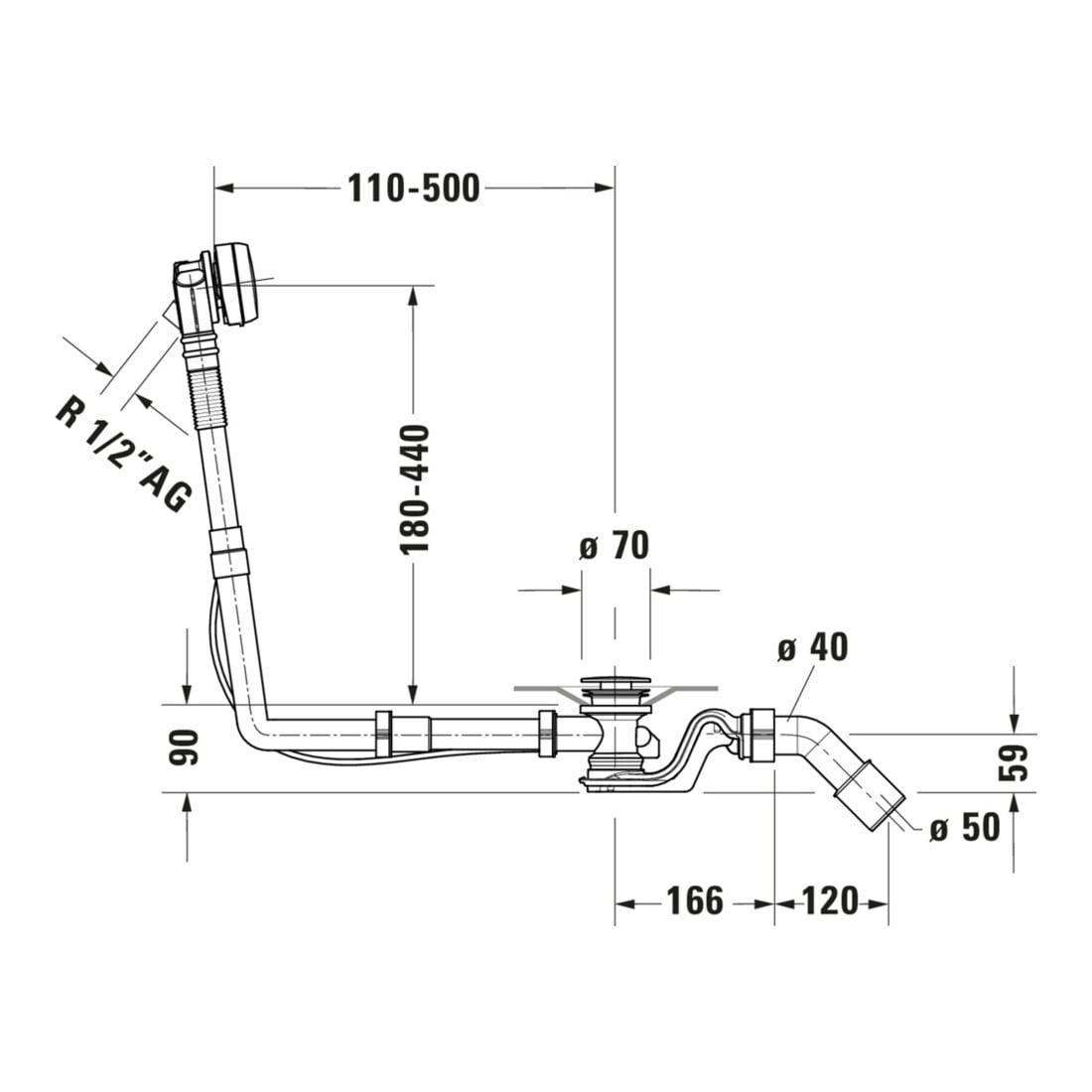 Duravit Ab-/Überlaufgarnitur Quadroval Zug 65cm, d 5,2cm, m Wanneneinlauf, chr