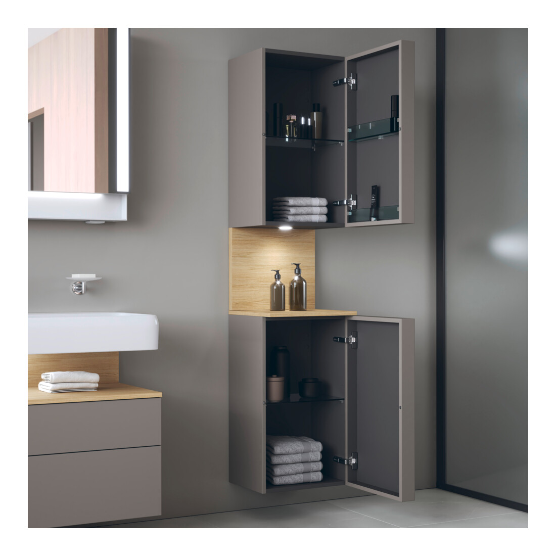 Duravit Armoire haute Qatego 40x36x176 cm, 2 portes, H, P, à gauche, chêne naturel/béton mat