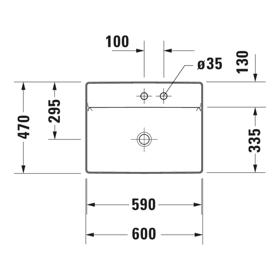 Duravit Aufsatzwaschtisch geschli. DuraSquare 60x47cm, o. ÜL, m HLB, 1 Hahnloch, weiß