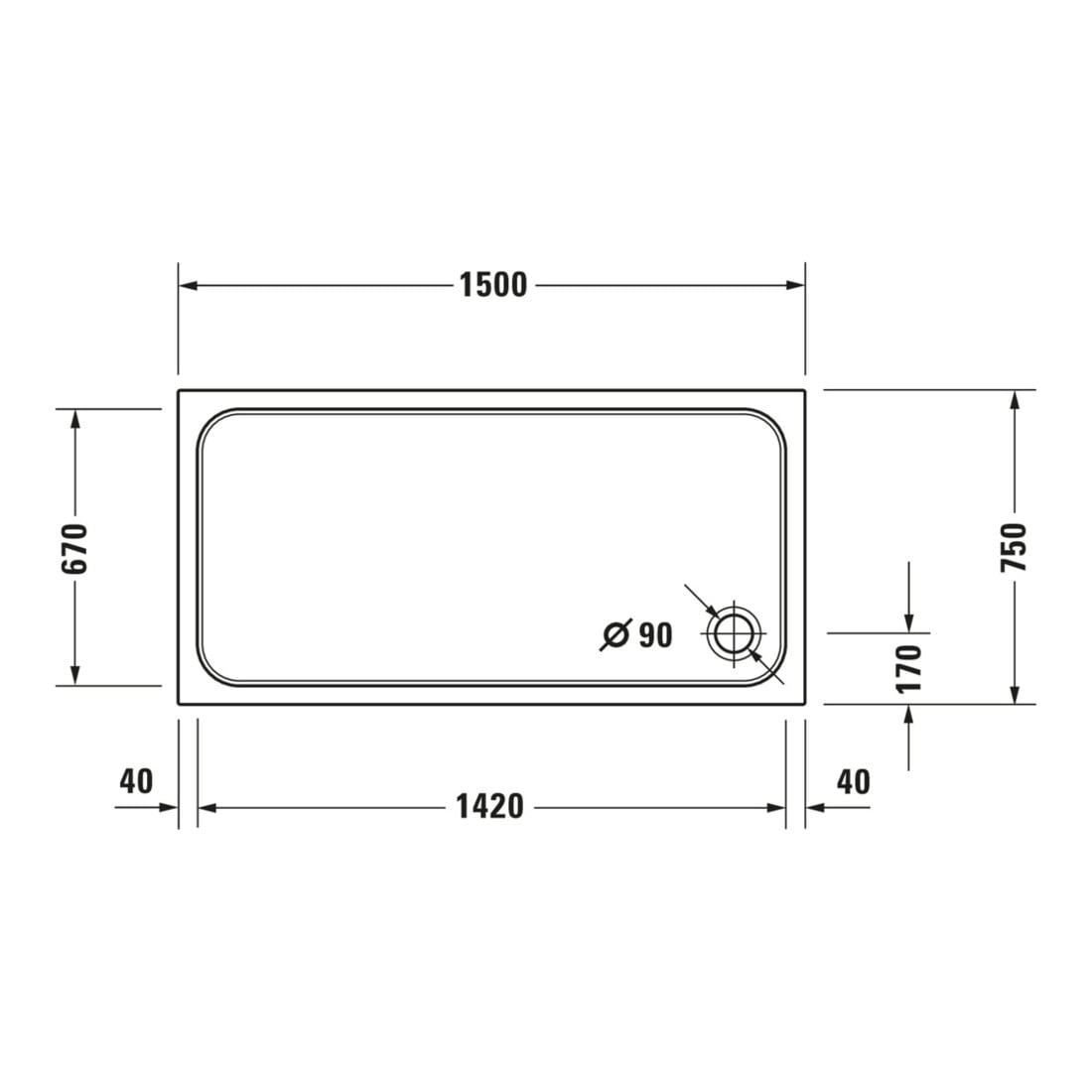 Duravit Bac à douche rectangulaire D-Code 150x75x8,5 cm, antidérapant, blanc