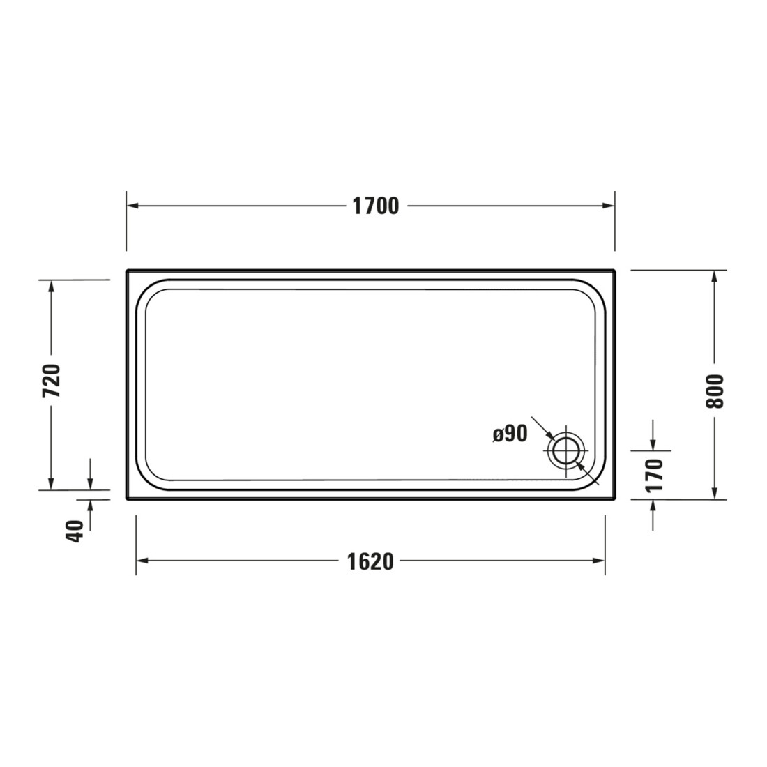 Duravit Bac à douche rectangulaire D-Code 170x80x8,5 cm, blanc