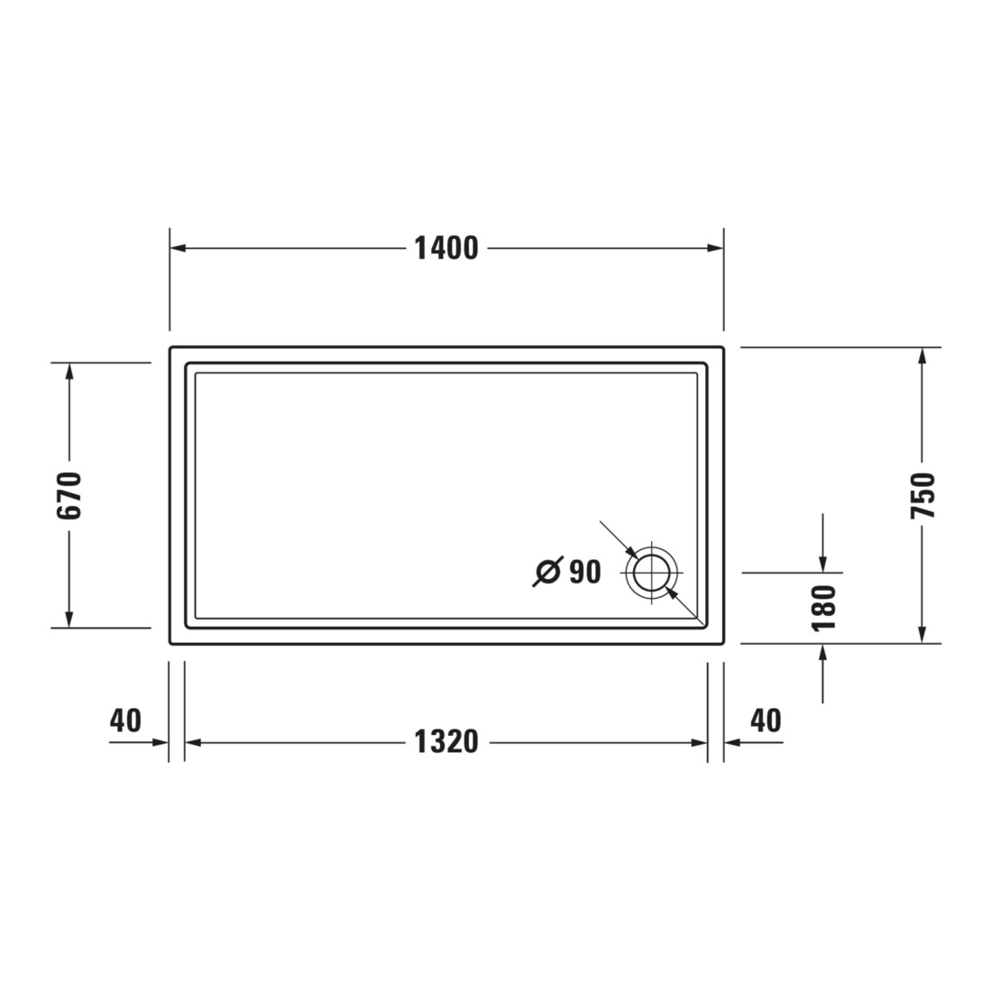 Duravit Bac à douche rectangulaire Starck Slimline 140x75x5,5 cm, antidérapant, blanc
