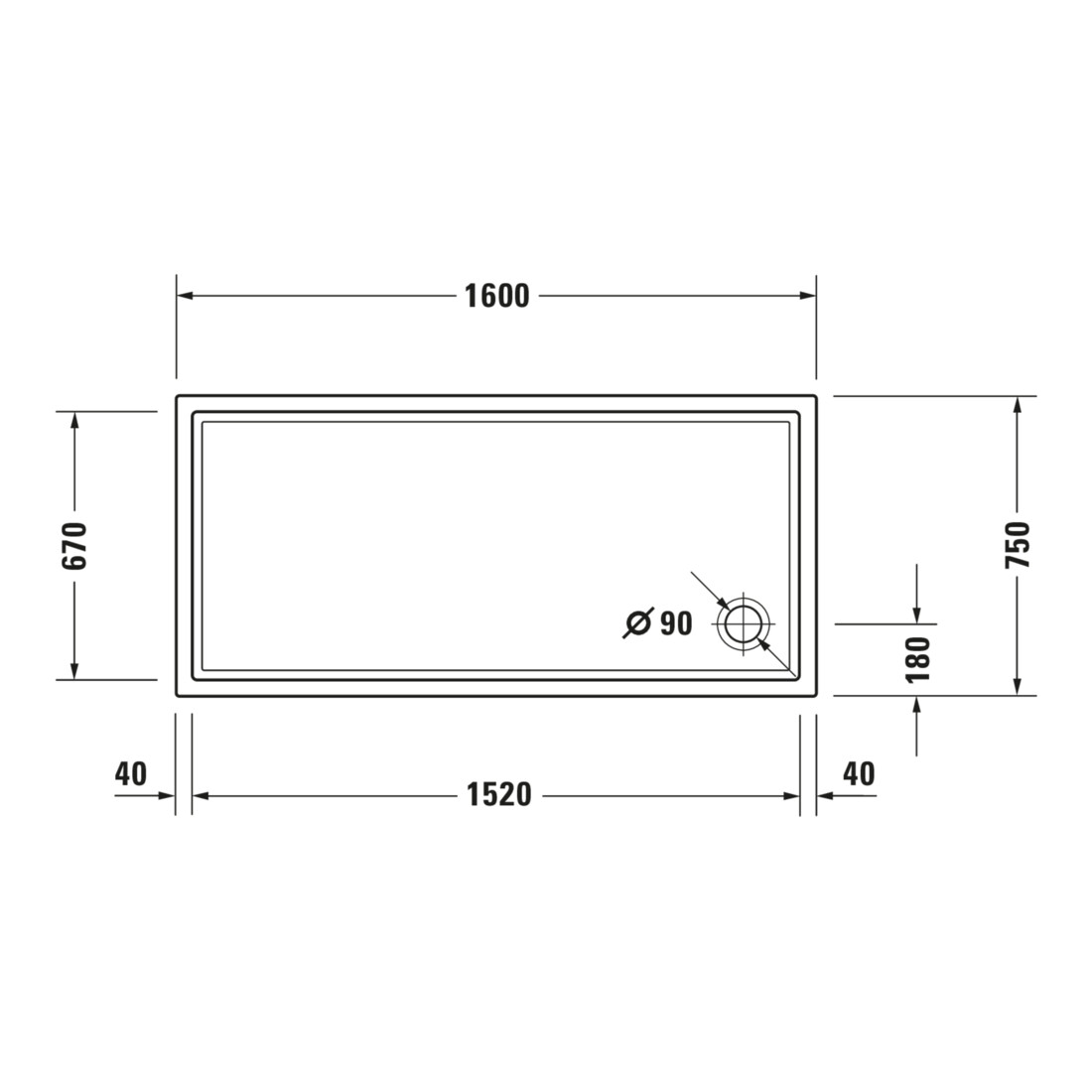 Duravit Bac à douche rectangulaire Starck Slimline 160x75x6cm, blanc