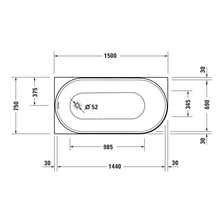 Duravit Badewanne oval DuraSenja 150x75x58,5cm, w, Eck li, RS 2, m FG+AÜL