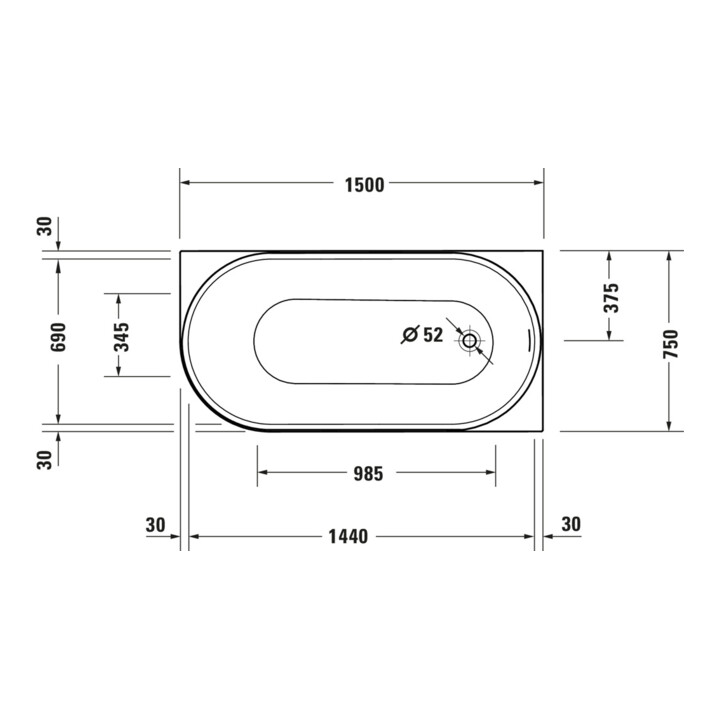 Duravit Badewanne oval DuraSenja 150x75x58,5cm, w, Eck re, RS 2, m FG+AÜL