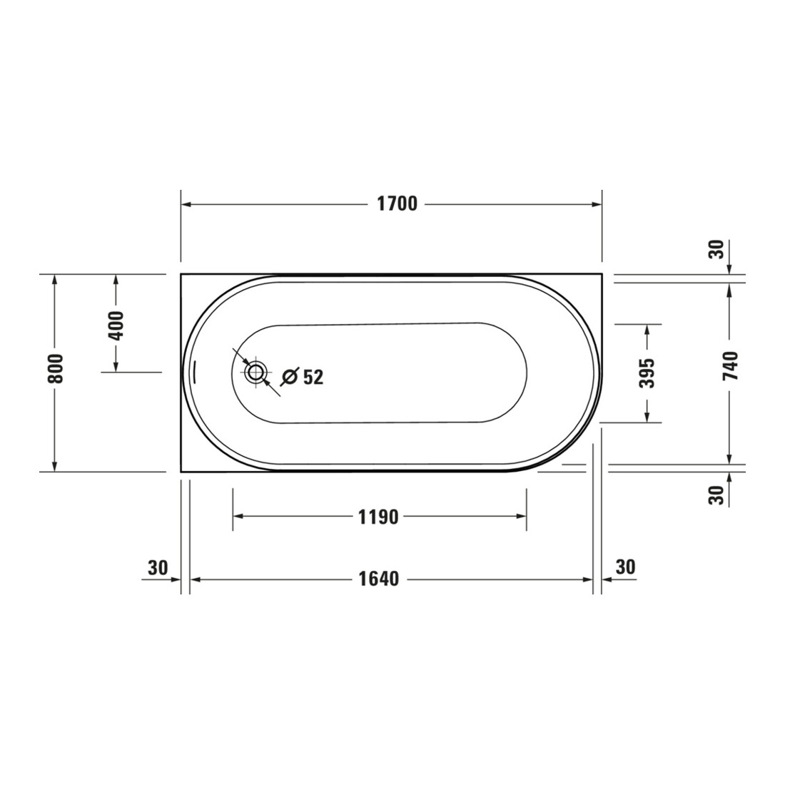 Duravit Badewanne oval DuraSenja 170x80x58,5cm, w, Eck li, RS 2, m FG+AÜL