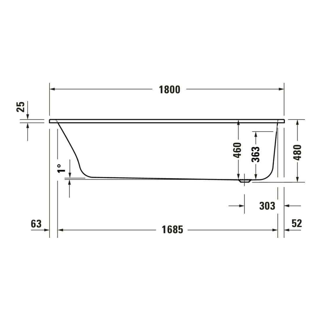 Duravit Badewanne Qatego 180x80cm, EB-Version, 1 RS, weiß