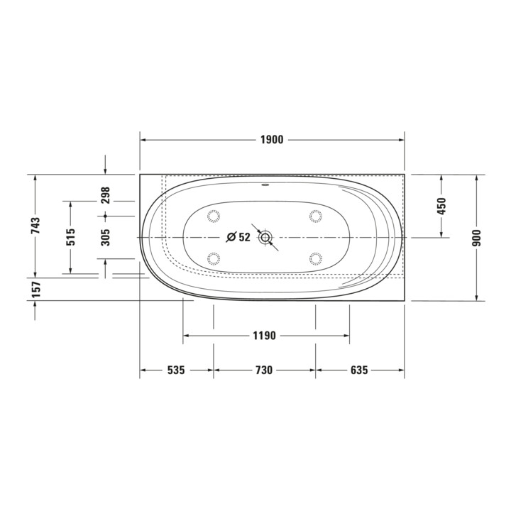 Duravit Baignoire balnéo Cape Cod 190x90 cm, angle droit, 1 RS, blanc, système Air