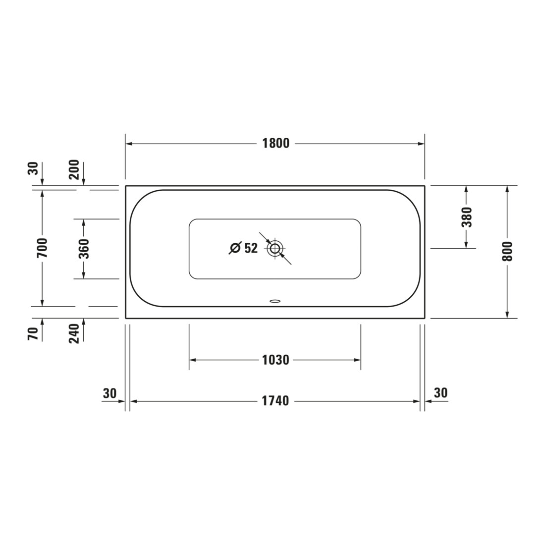 Duravit Baignoire balnéo Happy D.2 180x80 cm, Combi E, version EB, 2 RS, blanc