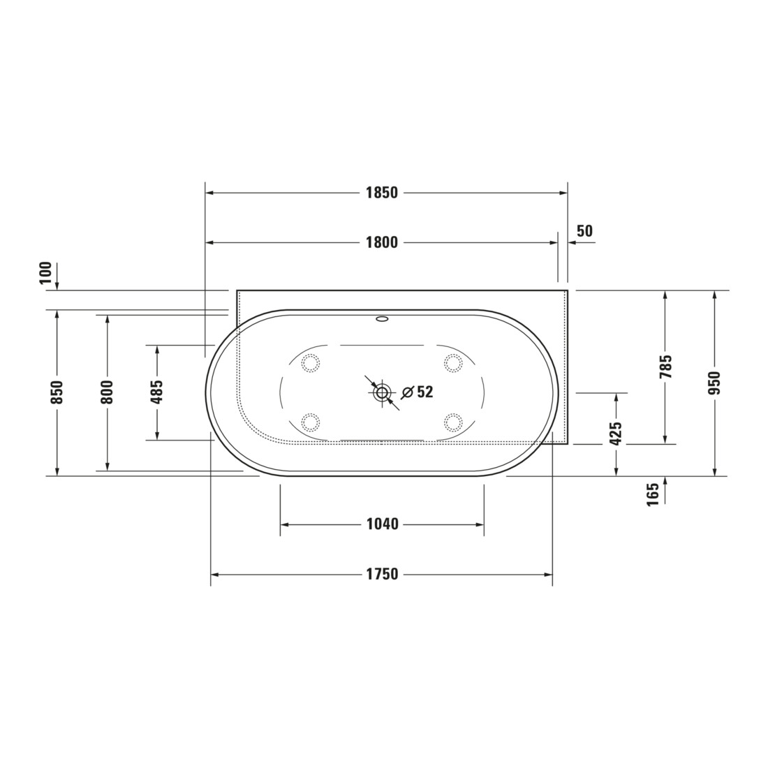 Duravit Baignoire Balnéo Luv 185x95cm, angle droite, 2 jets, blanc, système Air
