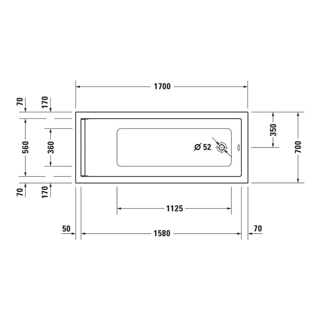 Duravit Baignoire balnéo Starck 170x70 cm, Jet-Sys, version EB, 1 RS, blanc