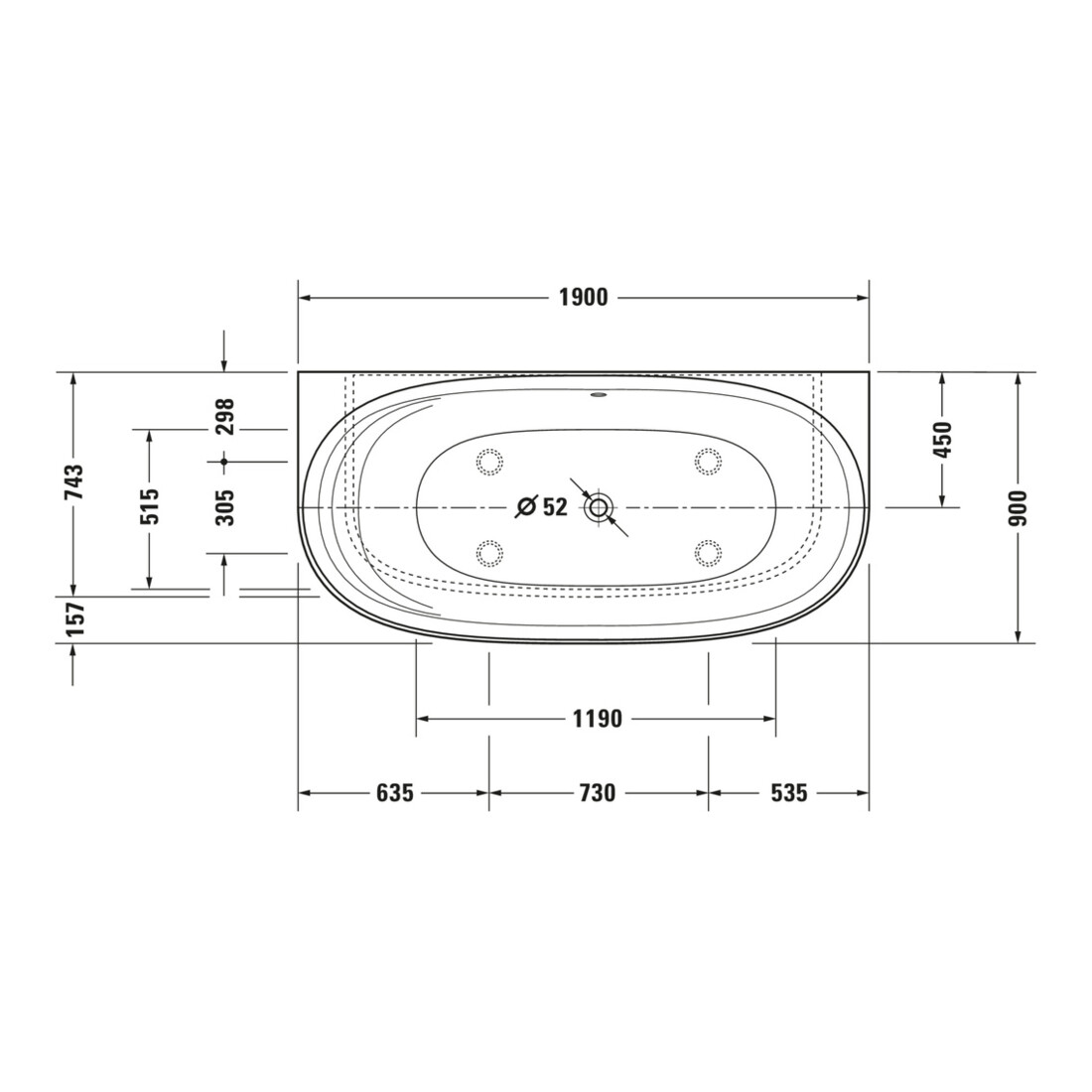 Duravit Baignoire Cape Cod 190x90x48,5 cm, pré-installée, 1 vidange, blanc