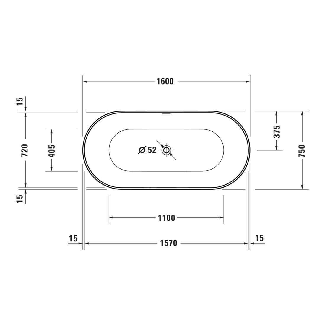 Duravit Baignoire DuraKanto 160x75x59 cm, ovale, autoportante, blanc mat