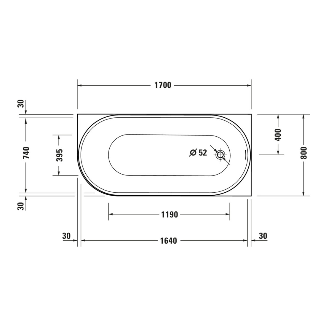 Duravit Baignoire ovale DuraSenja 170x80x58,5 cm, blanche, angle droit, RS 2, avec FG+AÜL