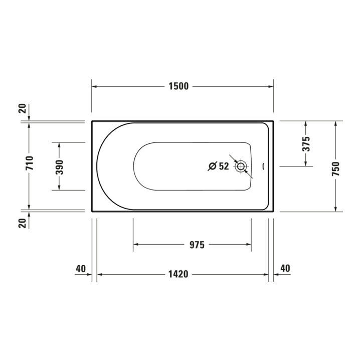 Duravit Baignoire rectangulaire à remous D-Neo 150x75 cm, version EB, 1 RS, blanc