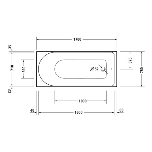 Duravit Baignoire rectangulaire à remous D-Neo 170x75 cm, version EB, 1 RS, blanc