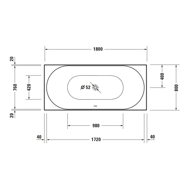 Duravit Baignoire rectangulaire D-Neo 180x80x46,5 cm, version EB, 2 RS, blanc
