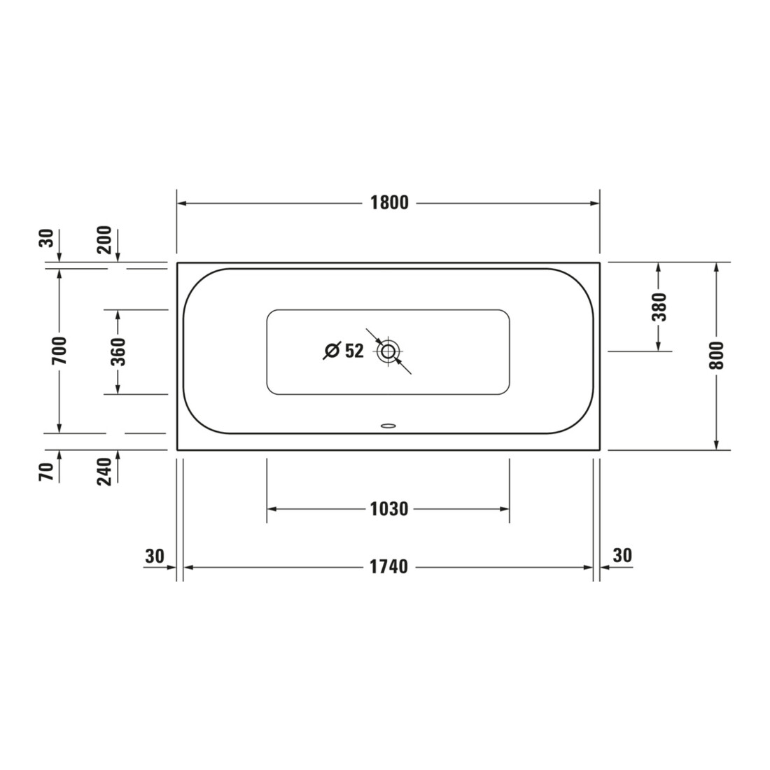 Duravit Baignoire rectangulaire Happy D.2 180x80x46 cm, version EB, 2 RS, blanche