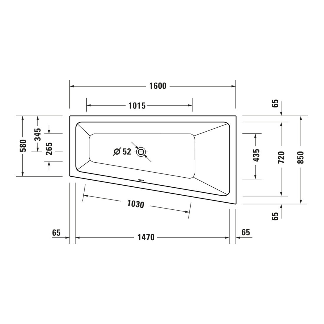 Duravit Baignoire trapèze No. 1 160x85x46 cm, version EB, 1 RS droite, blanc