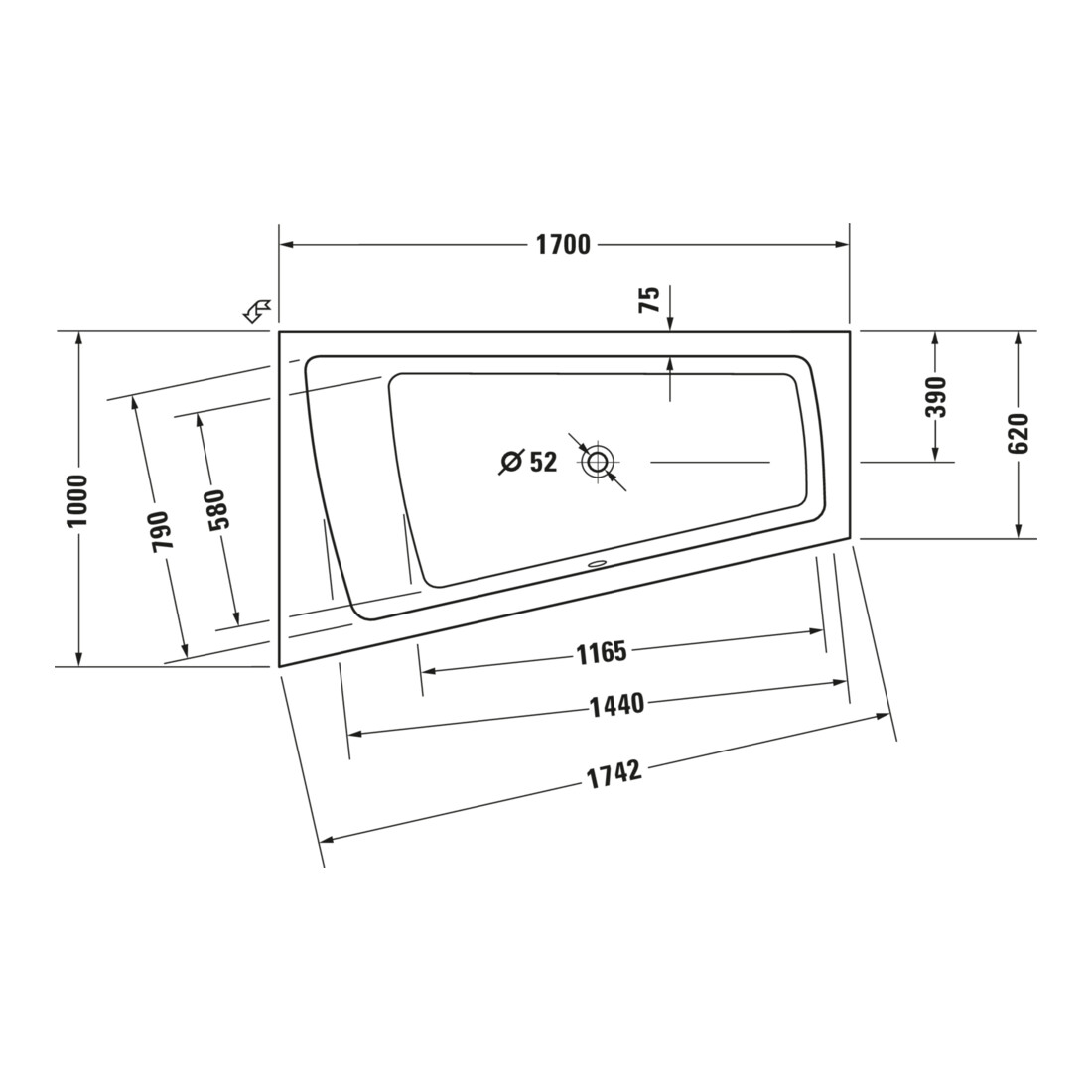 Duravit Bain à remous Paiova 170x100 cm, Combi E, EB-Vers, 1 RS L, blanc